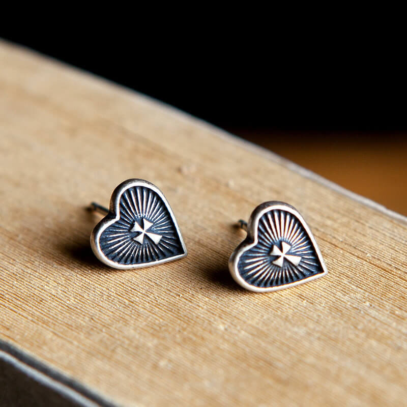 Sacred Heart Cross Sterling Silver Stud Earrings | Gthic.com