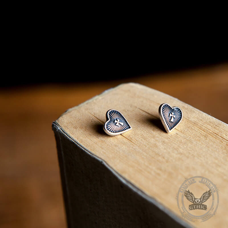 Sacred Heart Cross Sterling Silver Stud Earrings | Gthic.com