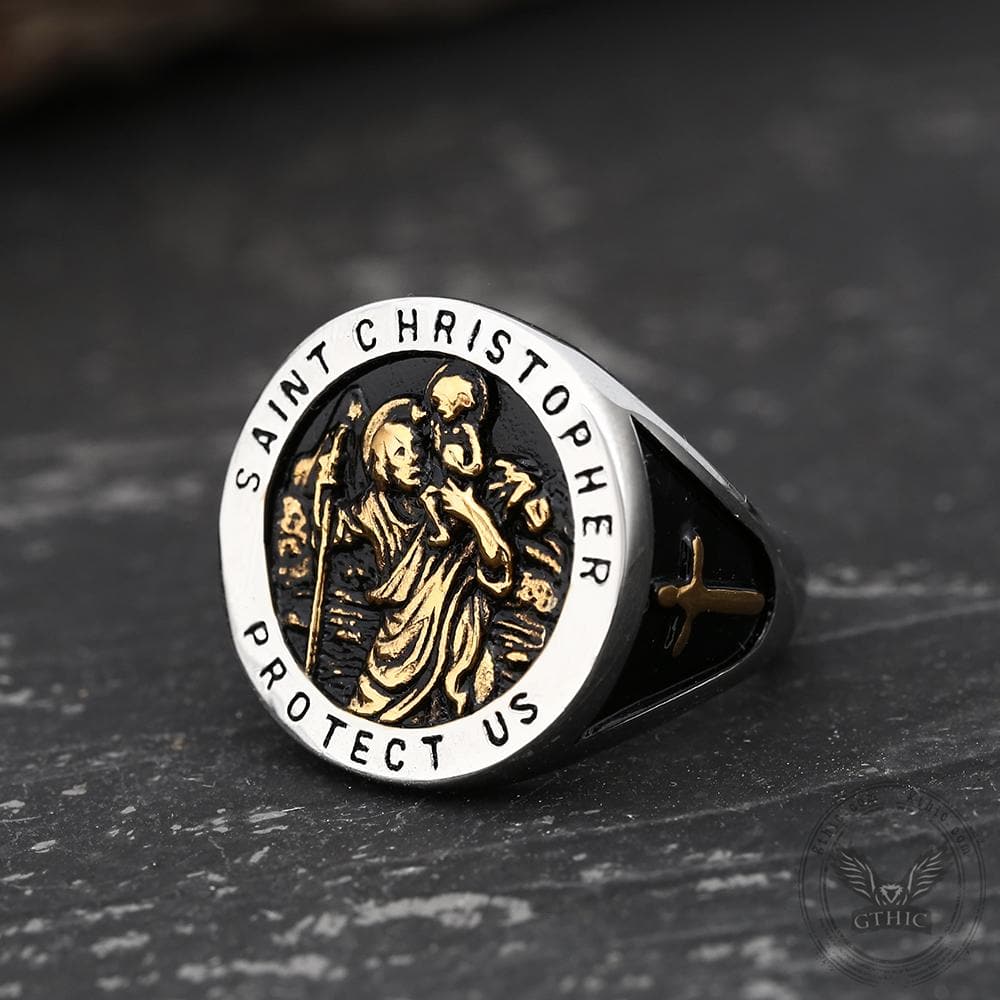 Saint Christopher Protect Us Stainless Steel Cross Ring | Gthic.com