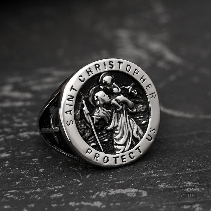 Saint Christopher Protect Us Stainless Steel Cross Ring