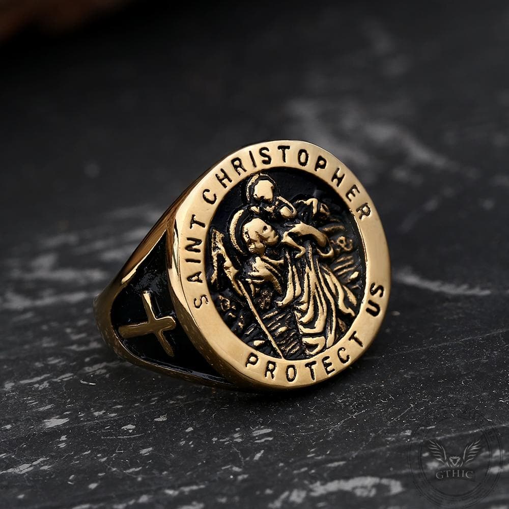 Saint Christopher Protect Us Stainless Steel Cross Ring | Gthic.com