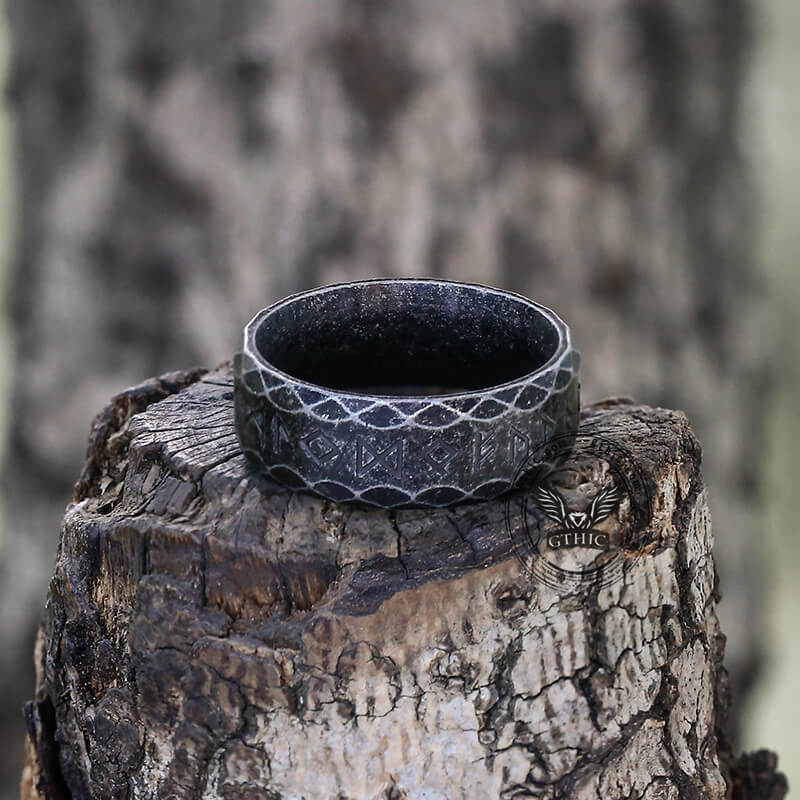 Scaled Pattern Runes Stainless Steel Viking Ring | Gthic.com