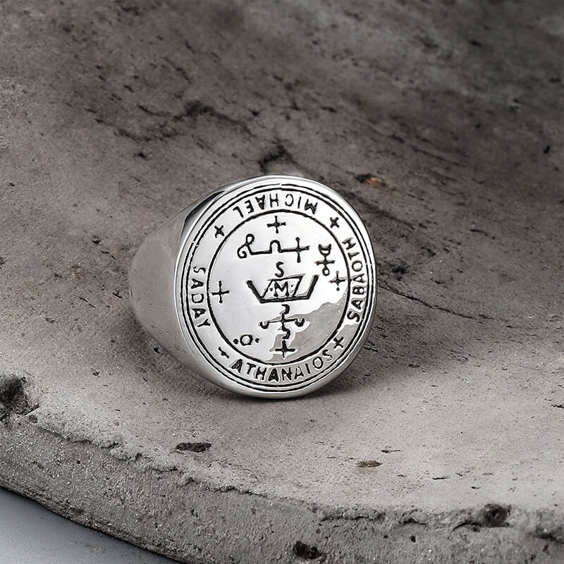 Sigil of Archangel Michael Talisman Stainless Steel Ring01 silver | Gthic.com