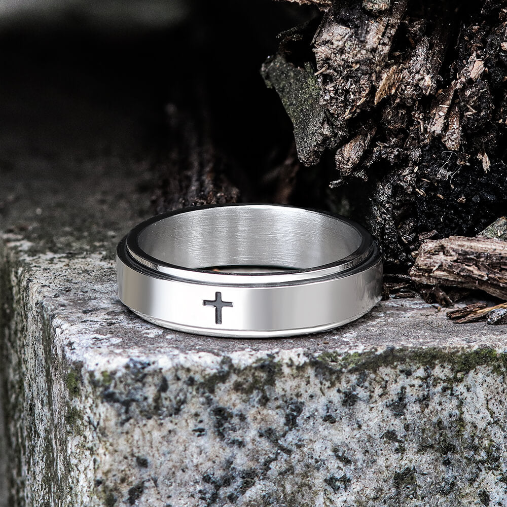 Simple Cross Rotatable Stainless Steel Decompression Ring 01 silver | Gthic.com