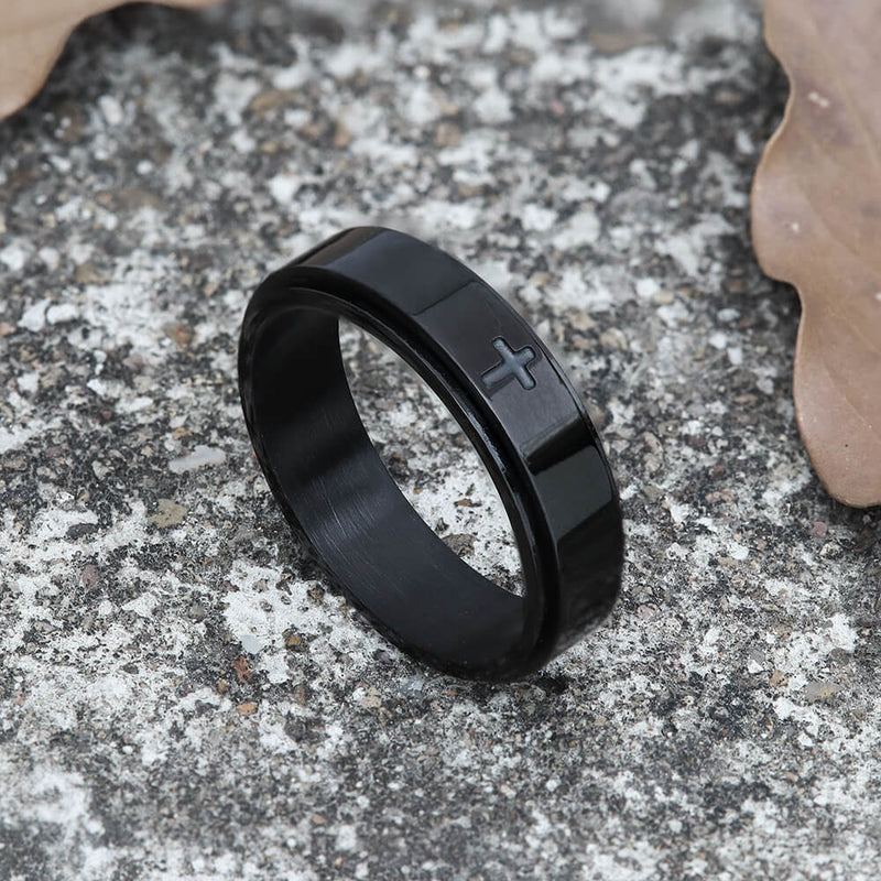 Simple Cross Rotatable Stainless Steel Decompression Ring 01 black | Gthic.com