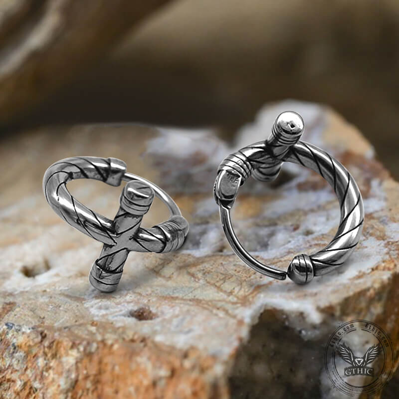 Simple Lines Stainless Steel Cross Hoop Earrings | Gthic.com