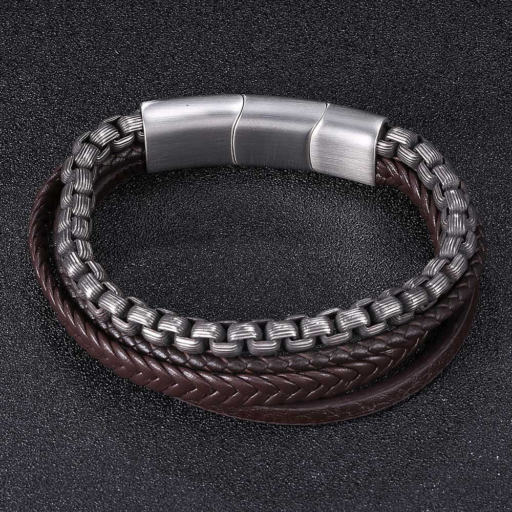 Simple Multi-layer Braided Stainless Steel Bracelet 03 brown | Gthic.com