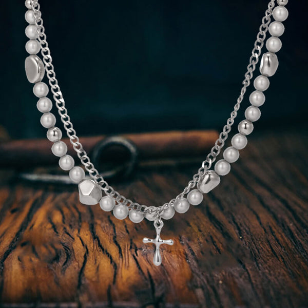Simple Pearl Cross Stainless Steel Double Layer Necklace | Gthic.com