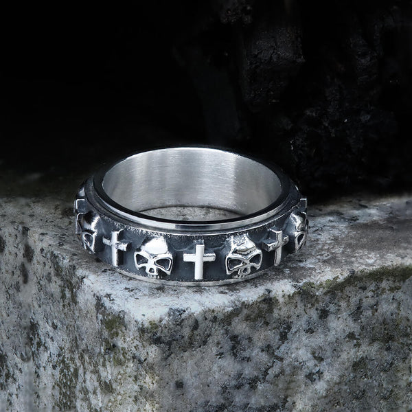 Skull Cross Stainless Steel Rotatable Ring 01 silver | Gthic.com