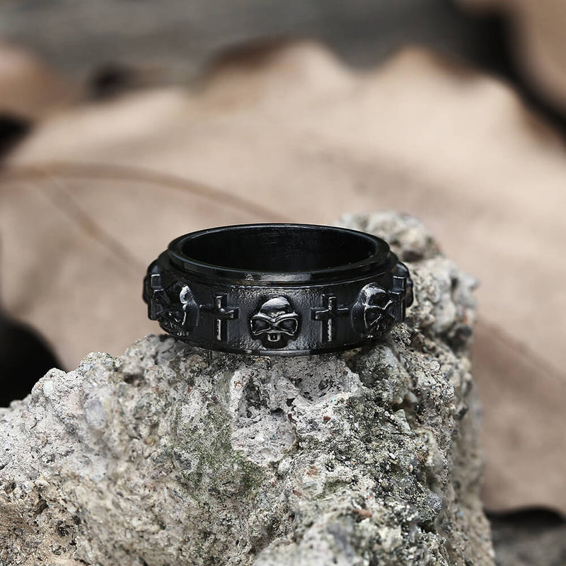 Skull Cross Stainless Steel Rotatable Ring 03 black | Gthic.com