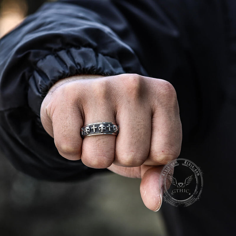 Drehbarer Ring aus Edelstahl mit Totenkopf-Kreuz