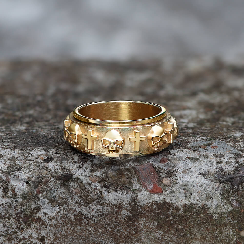 Skull Cross Stainless Steel Rotatable Ring 04 gold | Gthic.com