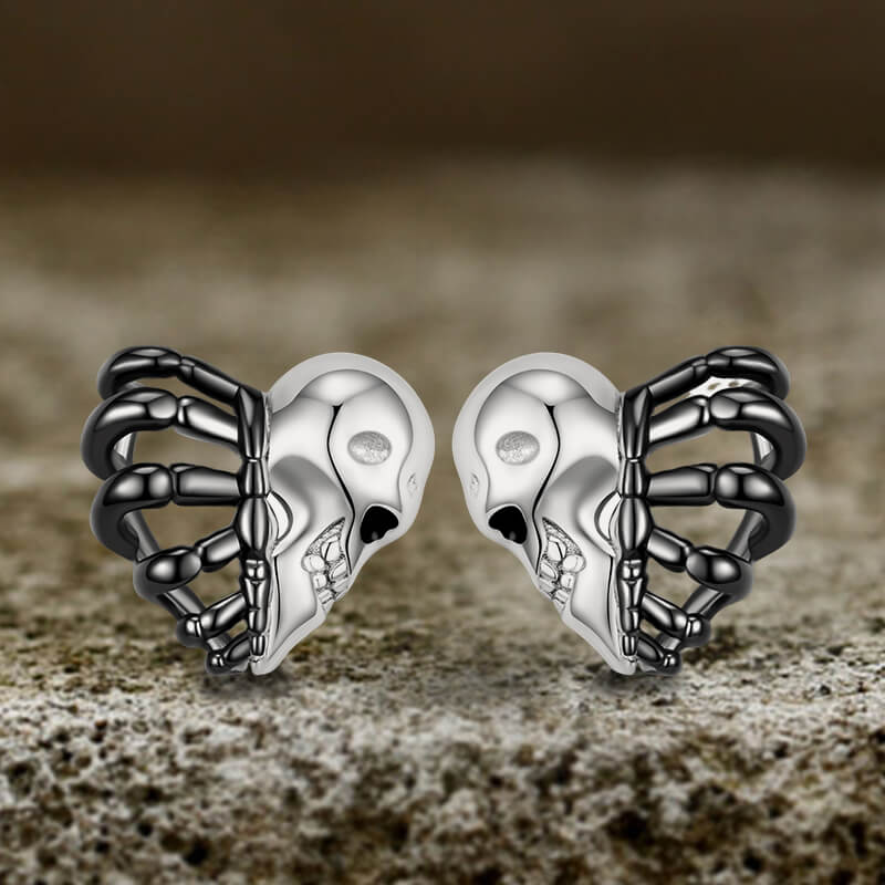 Skull Face Heart Sterling Silver Stud Earrings | Gthic.com