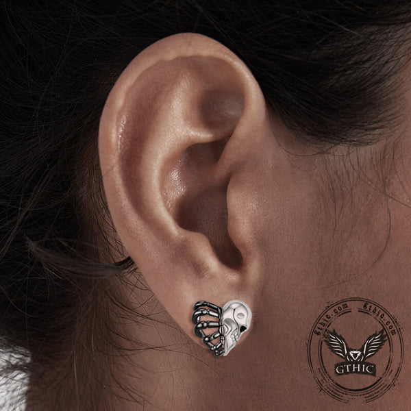 Skull Face Heart Sterling Silver Stud Earrings | Gthic.com