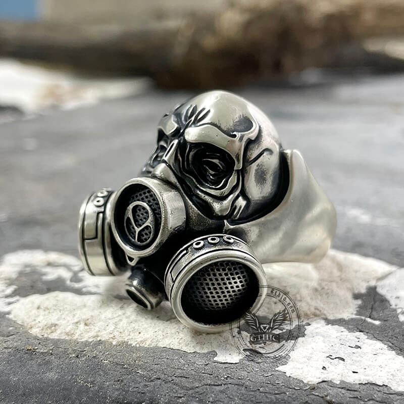 Skull Gas Mask Respirator Sterling Silver Ring | Gthic.com