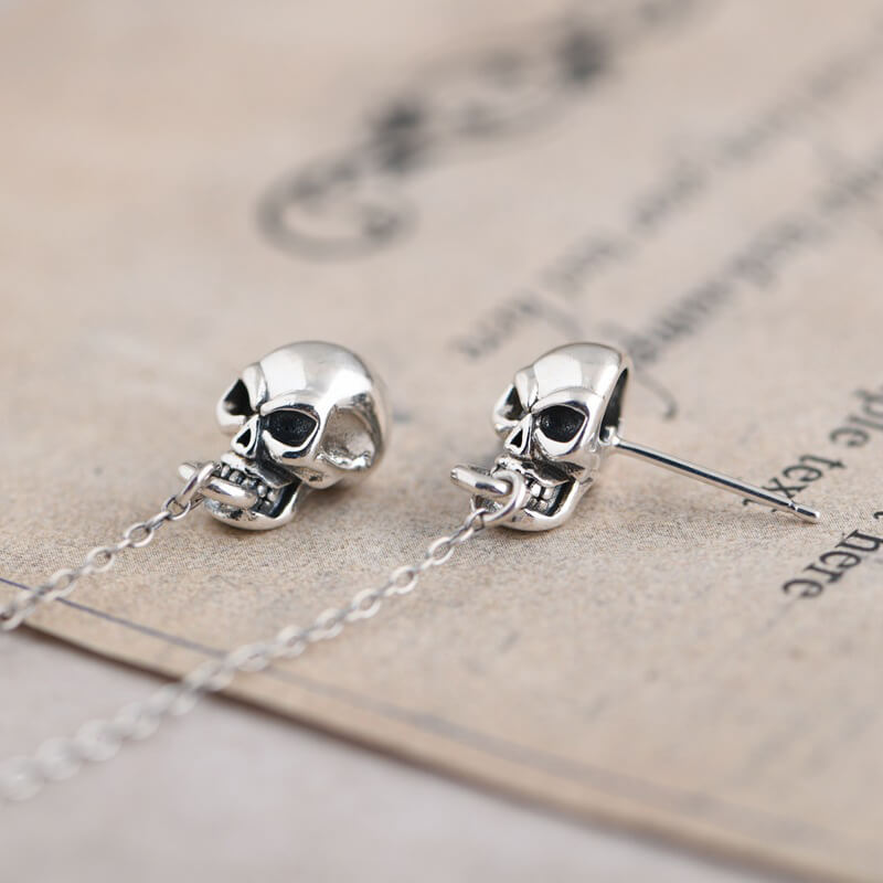 Skull Hand Sterling Silver Ear Cuff Chain Earrings | Gthic.com