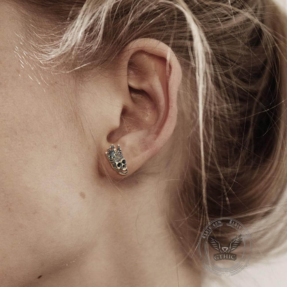 Skull King Crown Sterling Silver Stud Earrings | Gthic.com
