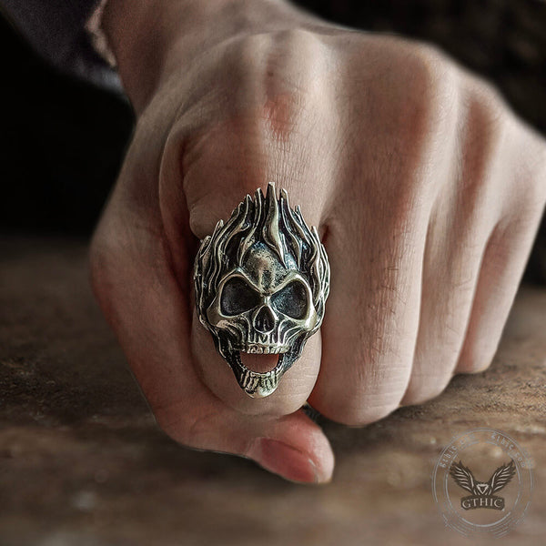 Skull on Fire Sterling Silver Ring02 | Gthic.com