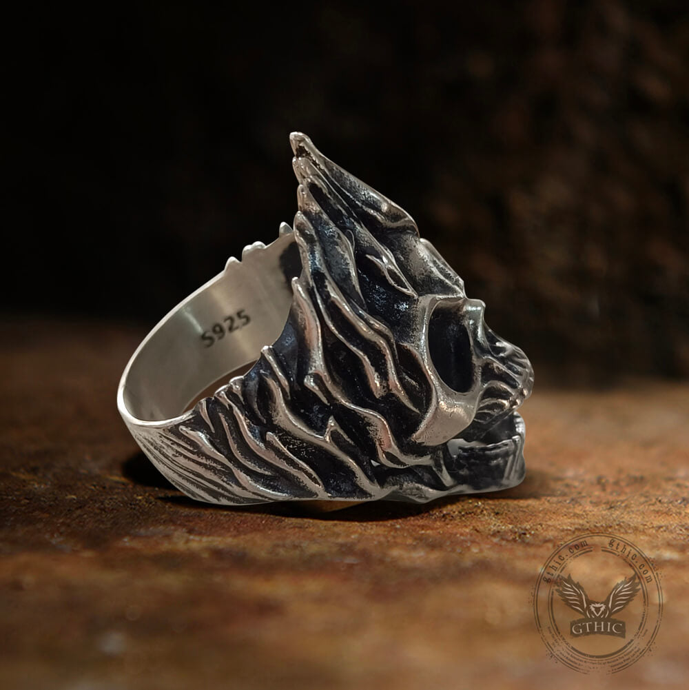 Skull on Fire Sterling Silver Ring03 | Gthic.com