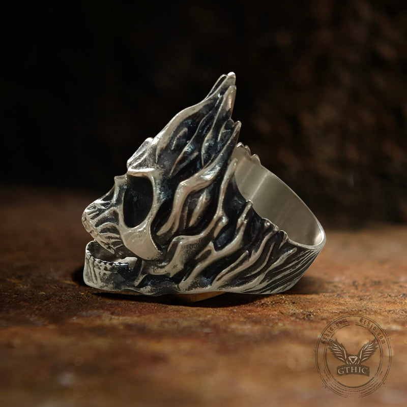Skull on Fire Sterling Silver Ring04 | Gthic.com