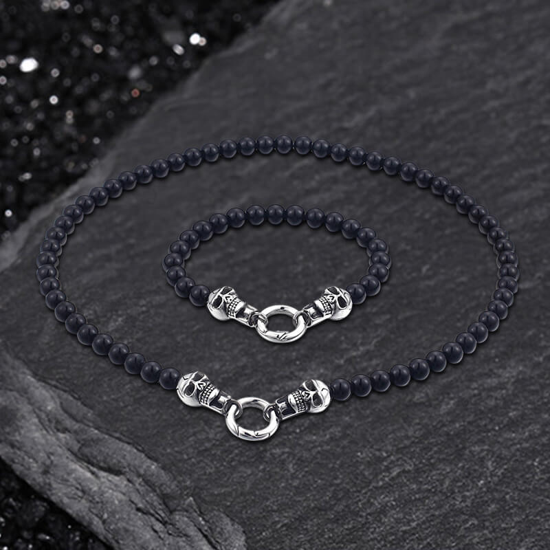 Skull Round Bead Stainless Steel Jewelry Set01 | Gthic.com