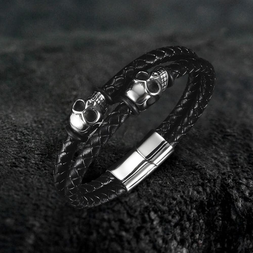 Double Skull Braided Stainless Steel Magnetic Buckle Leather Bracelet –  GTHIC