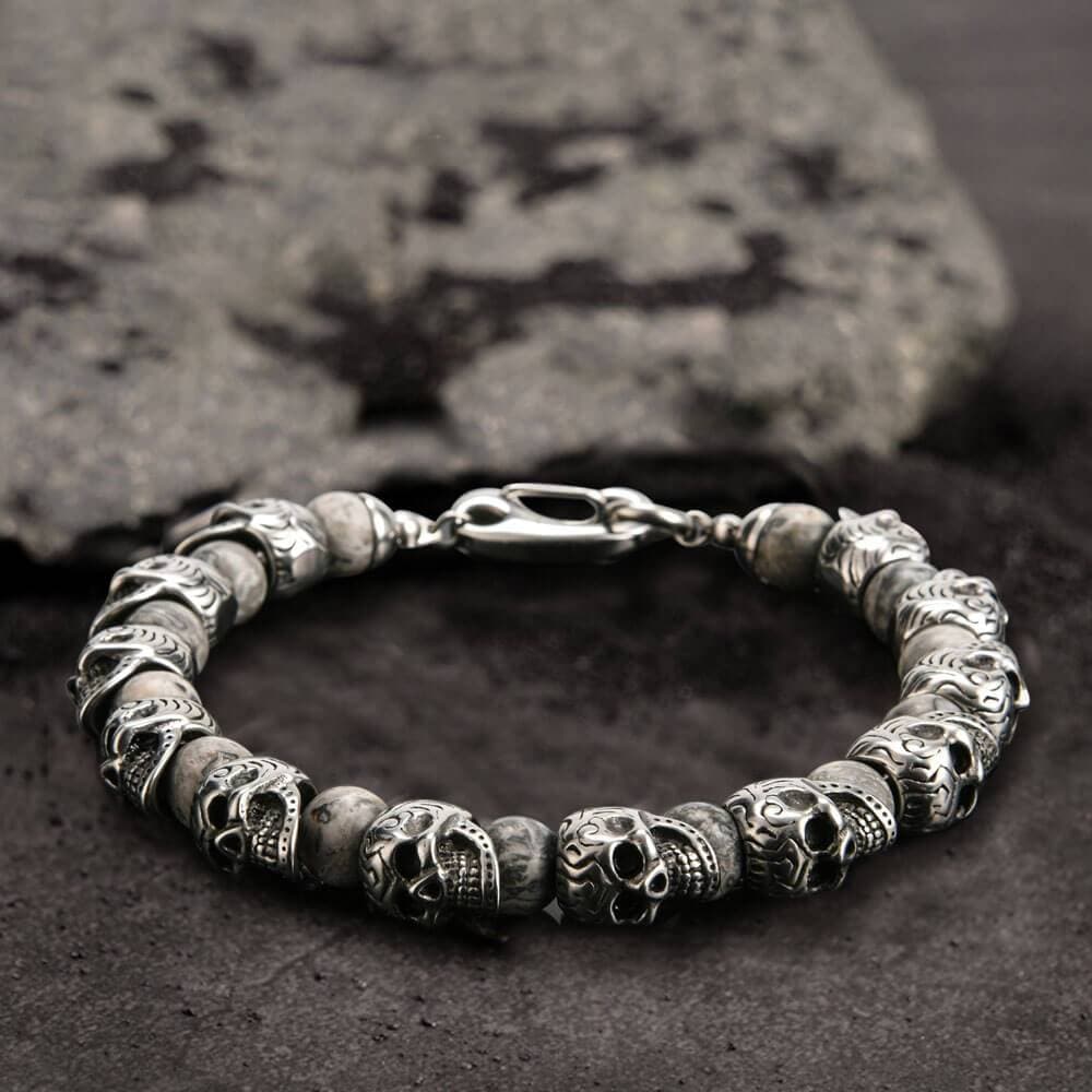Skull Stainless Steel Natural Stone Beads Bracelet 04 | Gthic.com