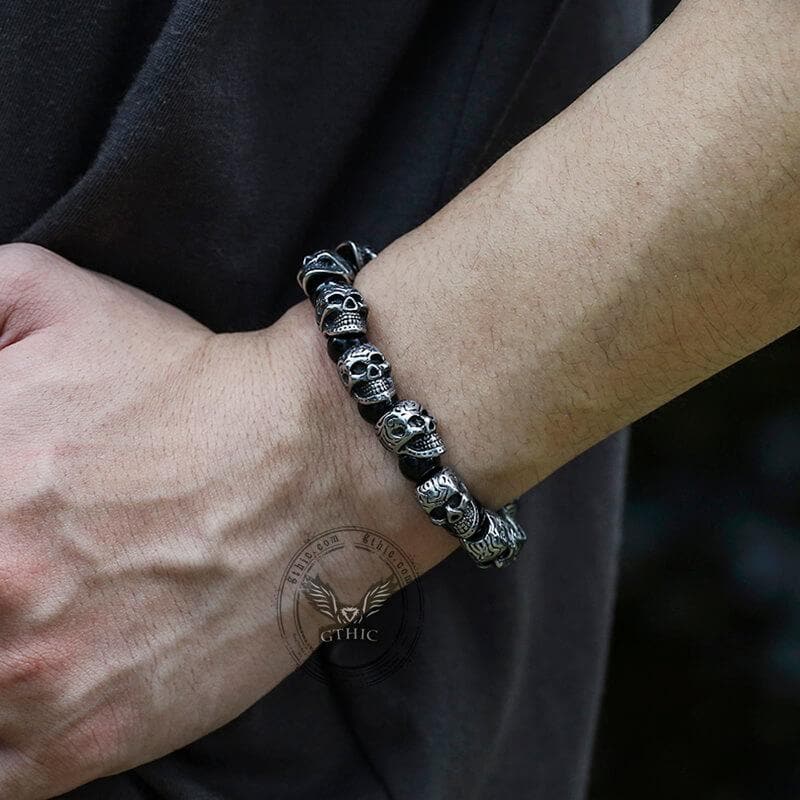 Skull Stainless Steel Natural Stone Beads Bracelet 02 | Gthic.com