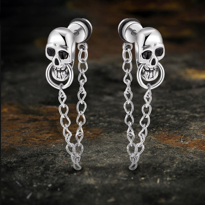 Skull With Chain Stainless Steel Punk Earrings | Gthic.com