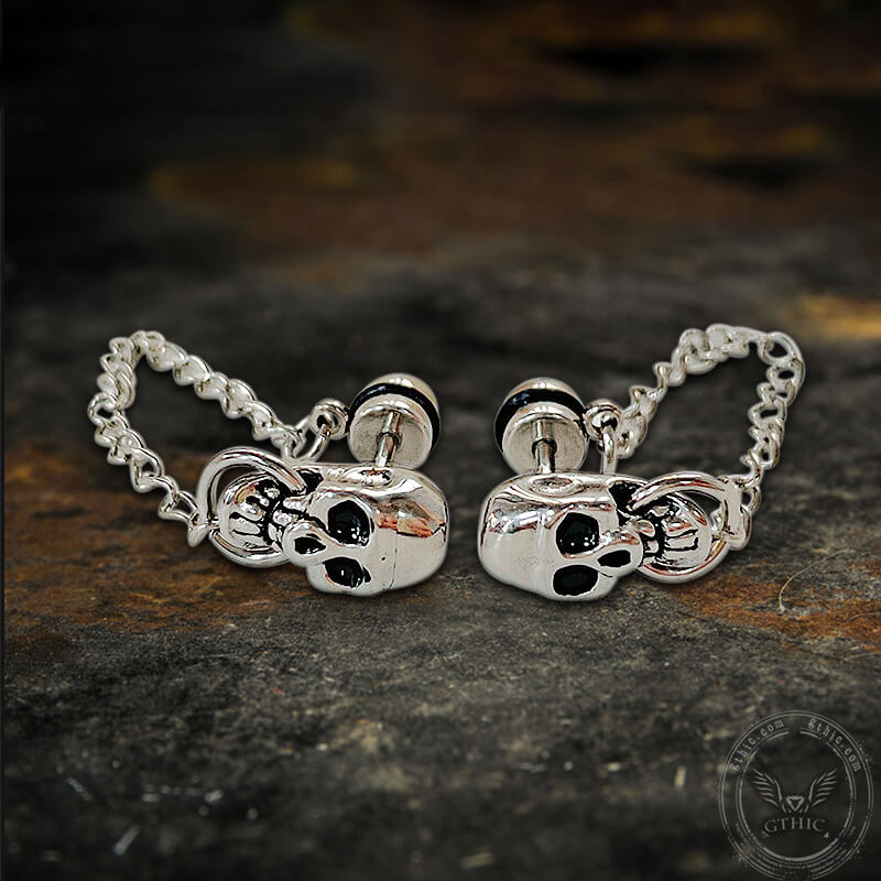 Skull With Chain Stainless Steel Punk Earrings | Gthic.com