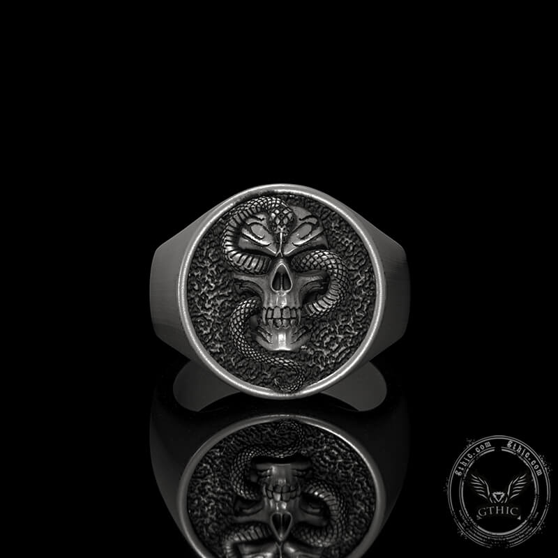 Skull With Crawling Snake Sterling Silver Ring 02 | Gthic.co