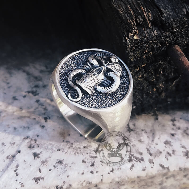 Skull With Crawling Snake Sterling Silver Ring