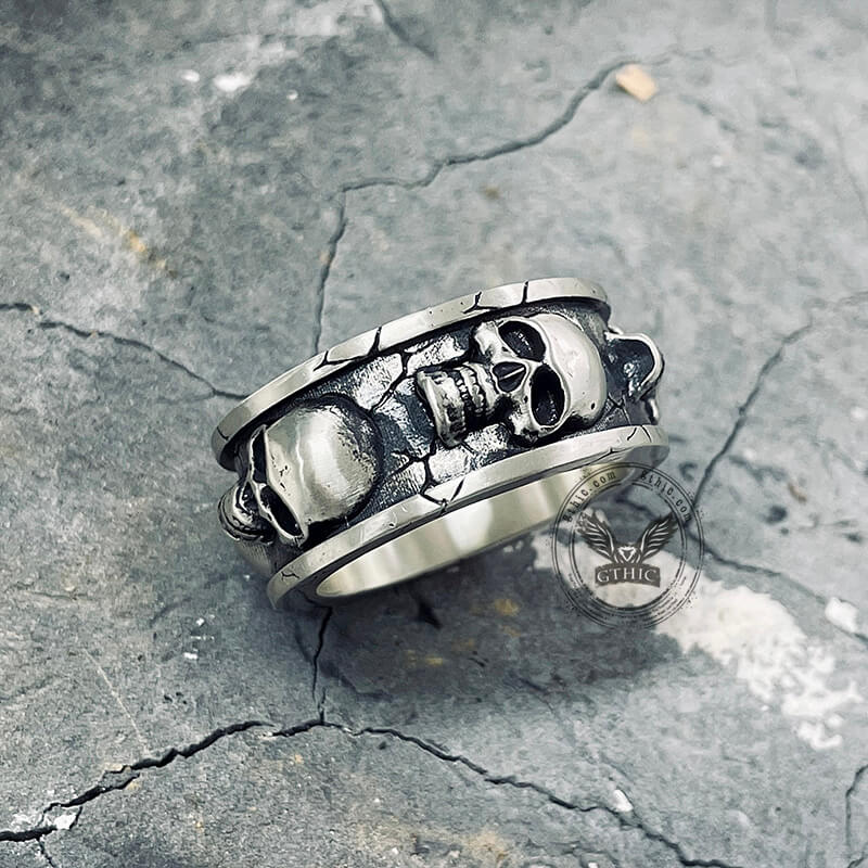 Skulls Surrounded Sterling Silver Ring | Gthic.com