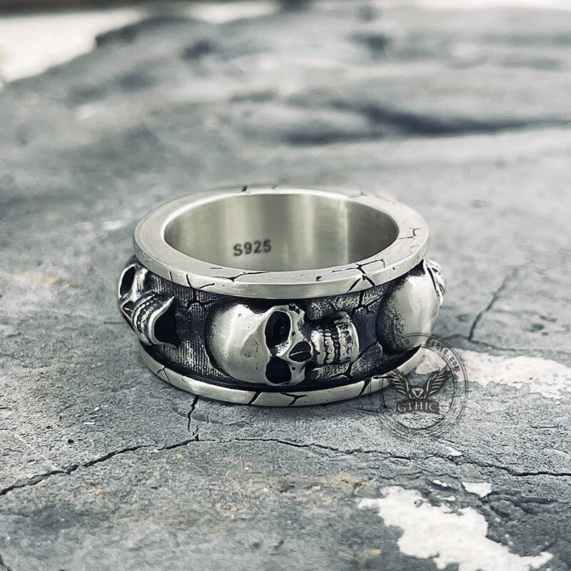 Skulls Surrounded Sterling Silver Ring | Gthic.com