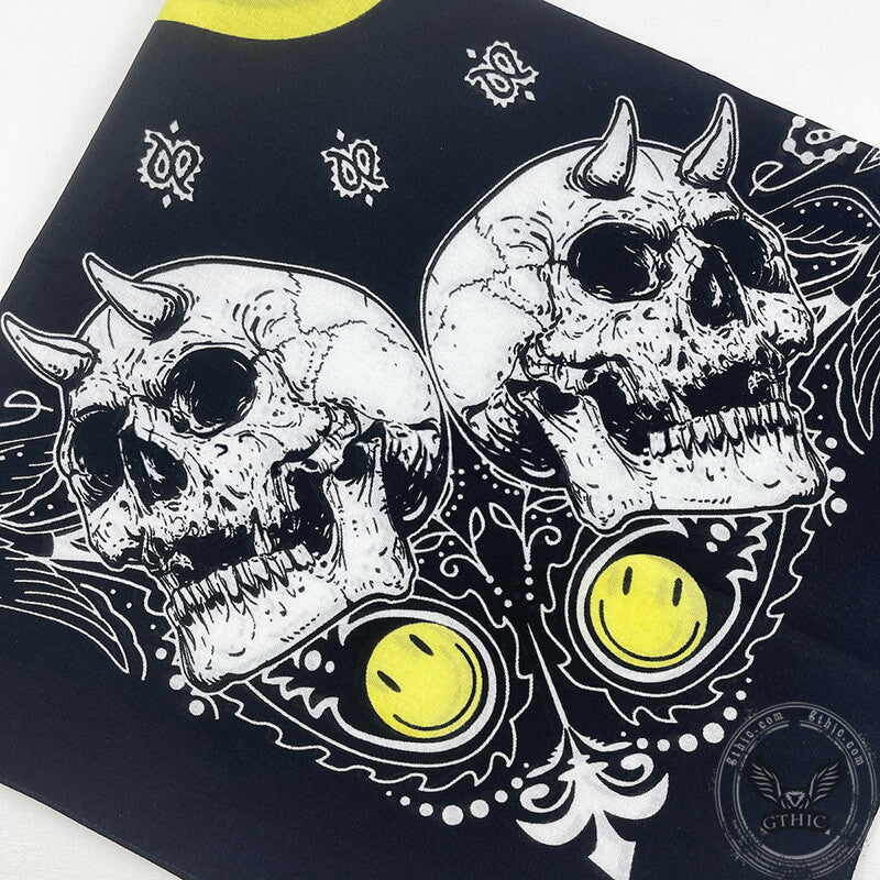 Smiley Horned Skull Cotton Square Scarf | Gthic.com