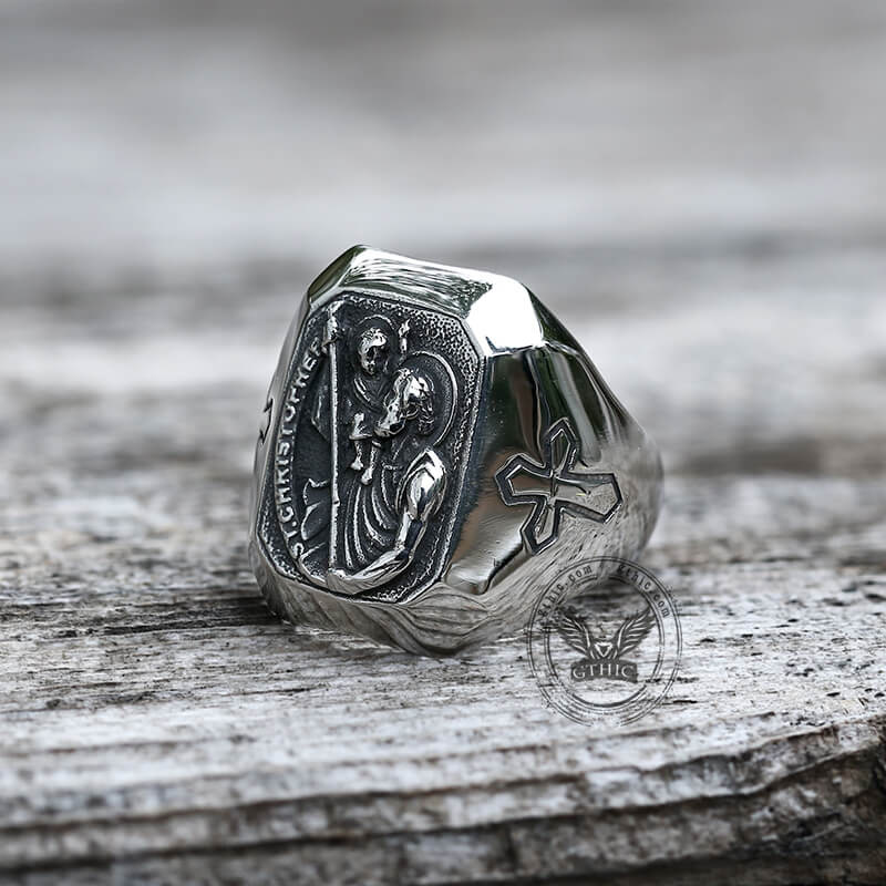 St Christopher Protect Us Stainless Steel Ring | Gthic.com