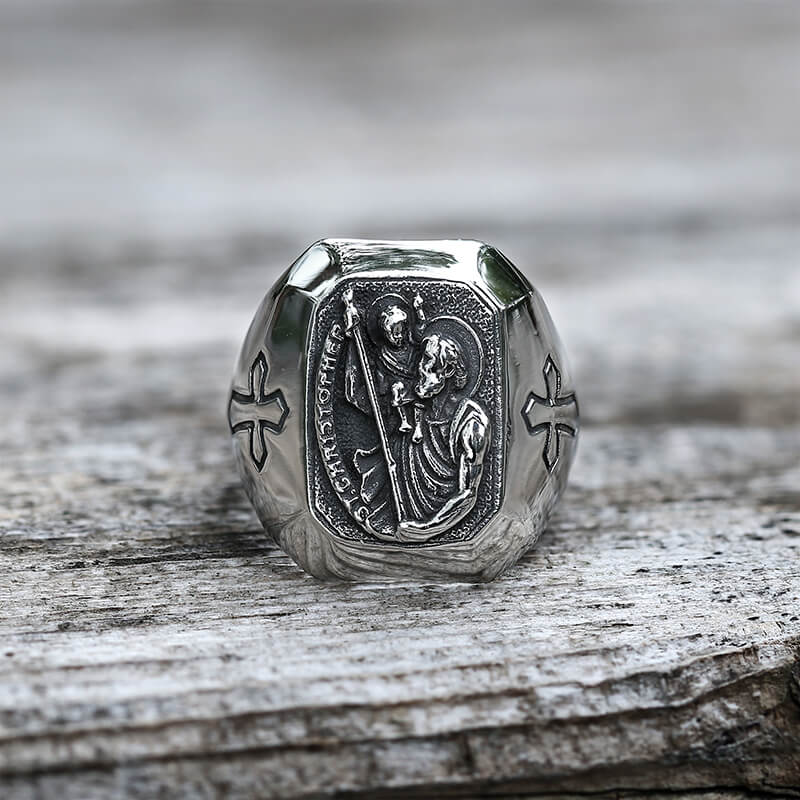 St Christopher Protect Us Stainless Steel Ring | Gthic.com