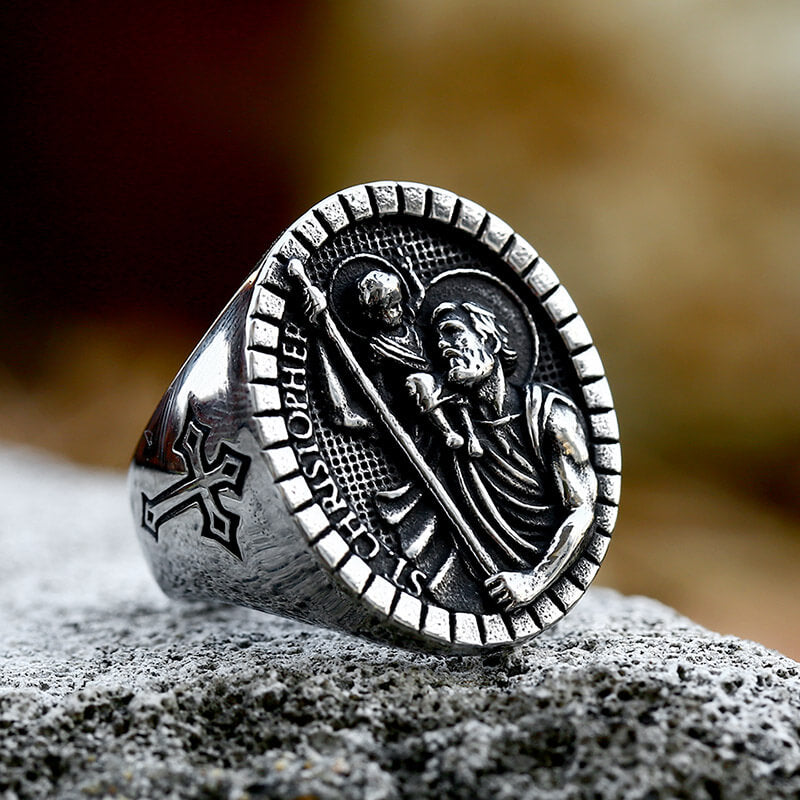 St Christopher Protect Us Stainless Steel Ring | Gthic.com