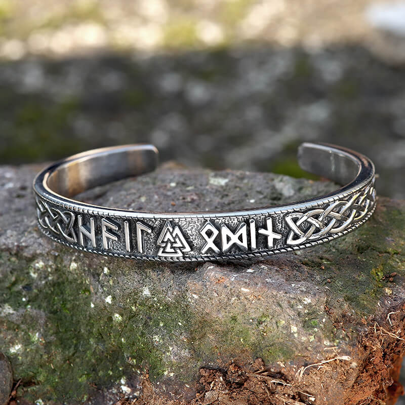 Stamped Futhark Runes Stainless Steel Viking Cuff Bracelet | Gthic.com