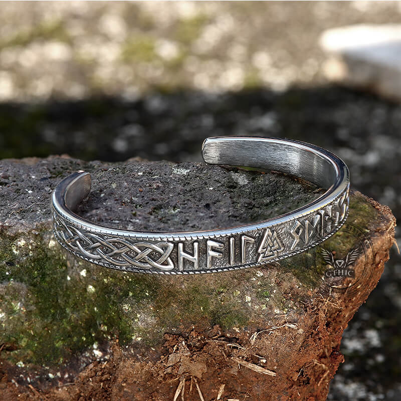 Stamped Futhark Runes Stainless Steel Viking Cuff Bracelet