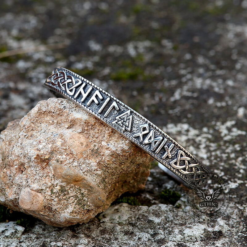 Stamped Futhark Runes Stainless Steel Viking Cuff Bracelet | Gthic.com