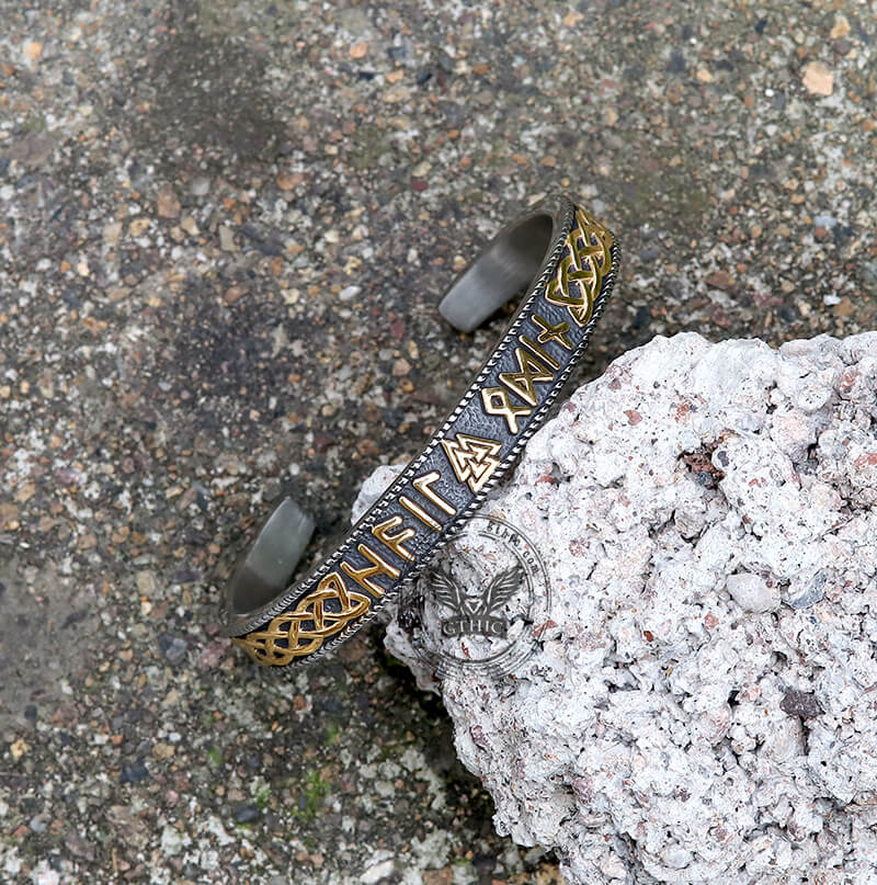 Stamped Futhark Runes Stainless Steel Viking Cuff Bracelet | Gthic.com