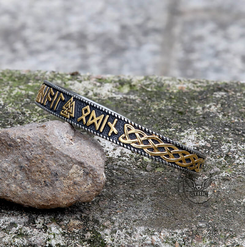 Stamped Futhark Runes Stainless Steel Viking Cuff Bracelet | Gthic.com