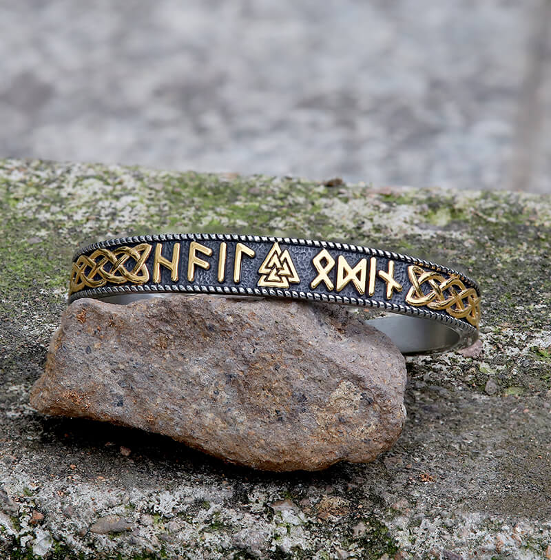 Stamped Futhark Runes Stainless Steel Viking Cuff Bracelet | Gthic.com