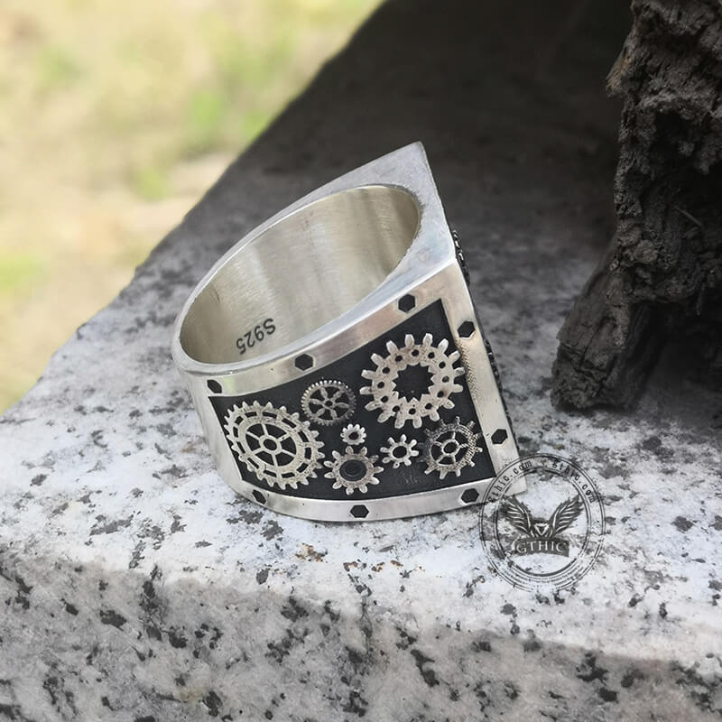 Steampunk Gear Sterling Silver Square Ring | Gthic.com