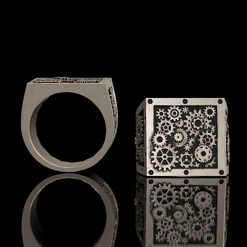 Steampunk Gear Sterling Silver Square Ring | Gthic.com