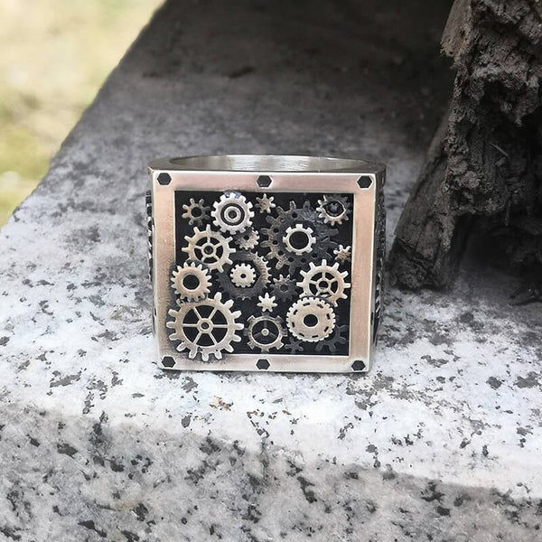 Steampunk Gear Sterling Silver Square Ring | Gthic.com