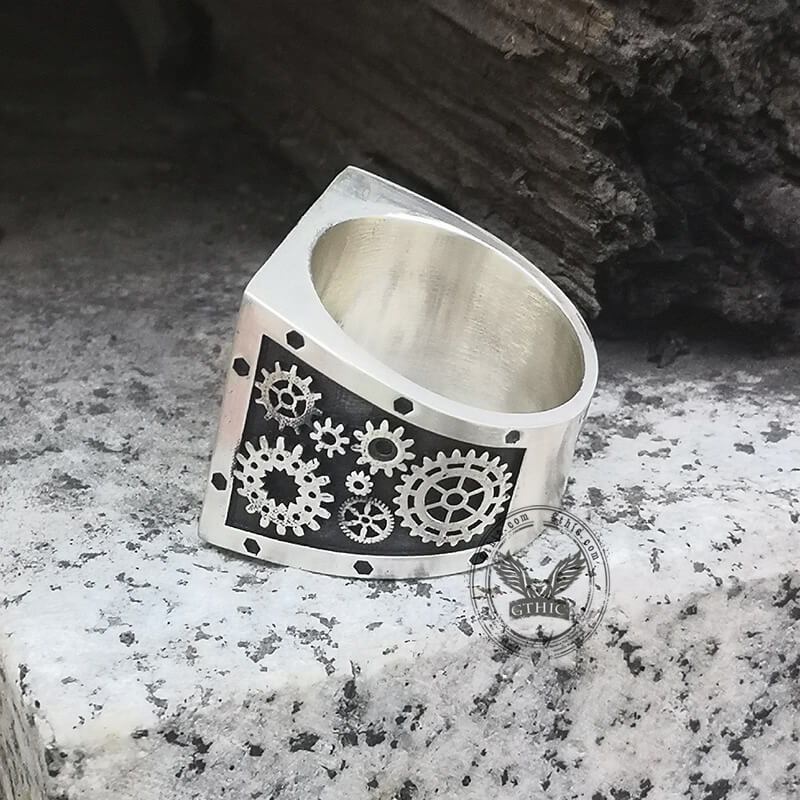 Steampunk Gear Sterling Silver Square Ring | Gthic.com