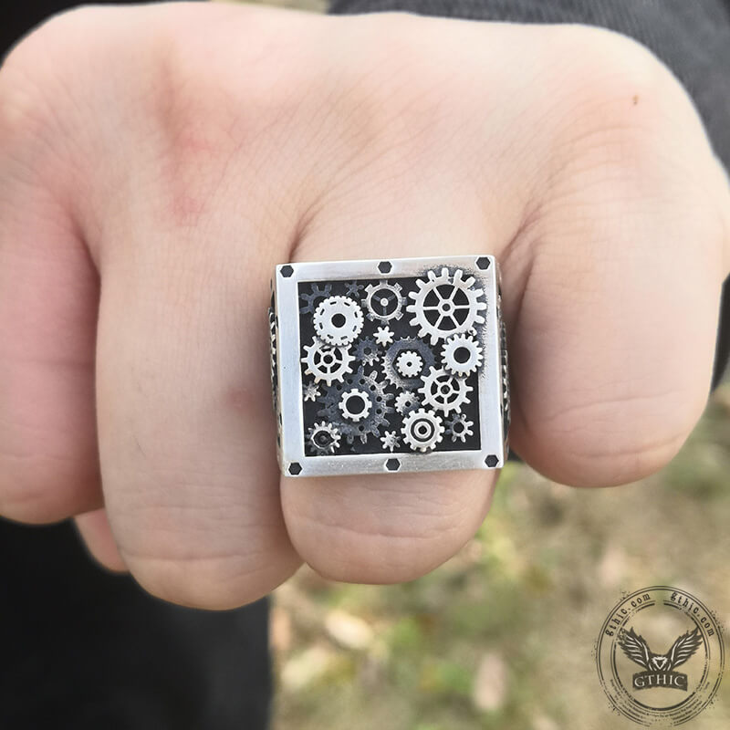 Steampunk Gear Sterling Silver Square Ring
