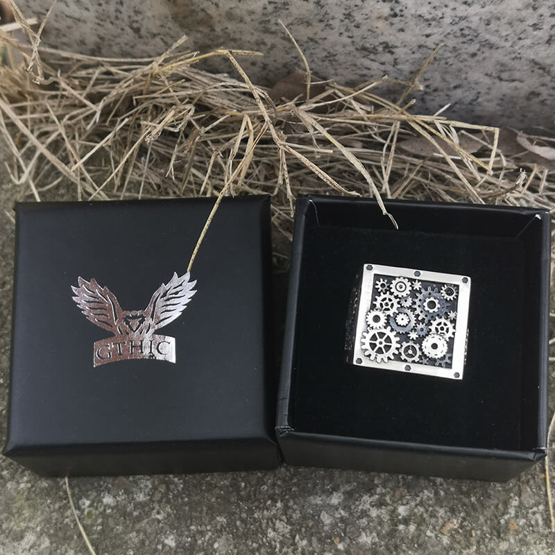 Steampunk Gear Sterling Silver Square Ring